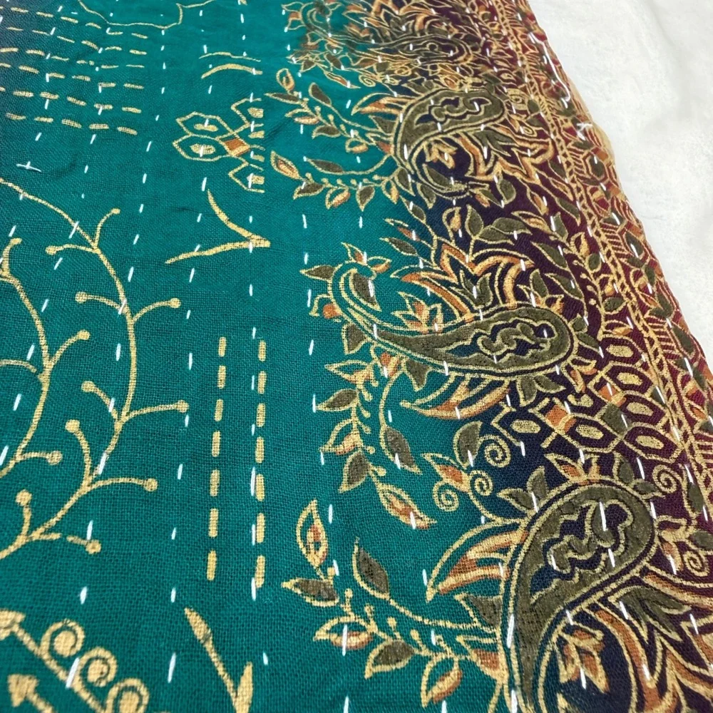 VTG New Kantha Quilt Throw Blanket Red Teal Floral Paisley Hand‎ Stitched 92x52
